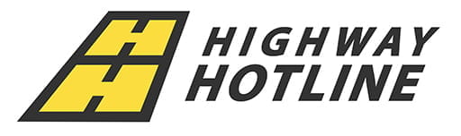 The Highway Hotline logo for Saskatchewan's provincial road information service. The logo is the words Highway and Hotline both in black. To the left are two stacked letter Hs in yellow with a black boxed background, which together resemble a highway.